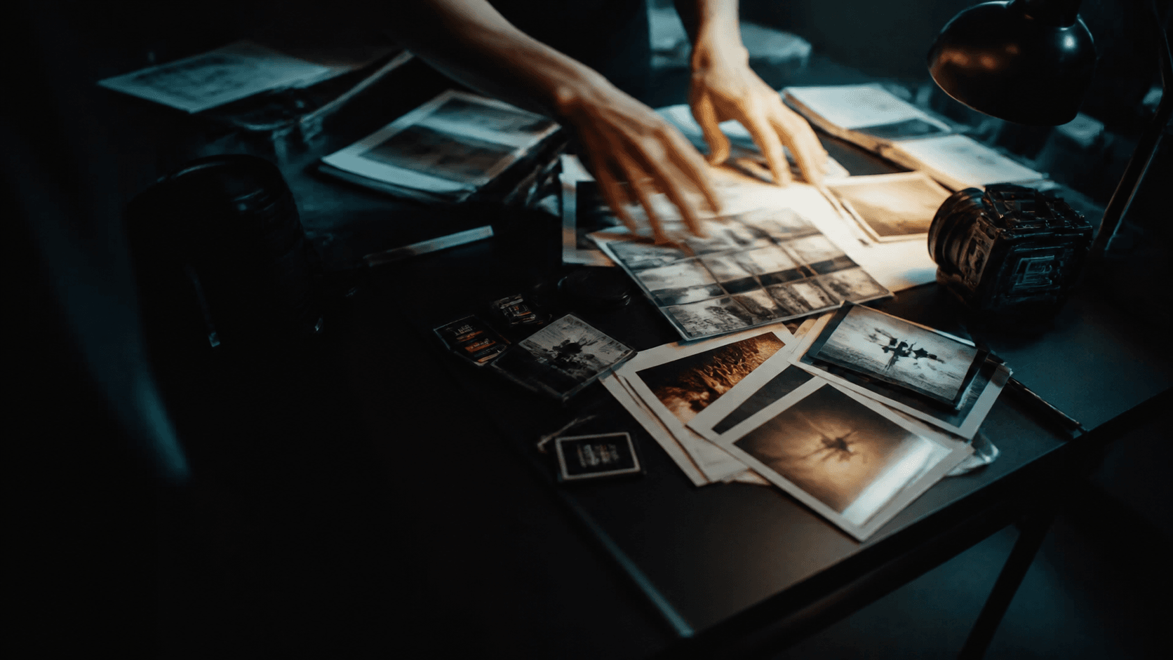 A creative team arranging storyboards and camera materials on a dark production table