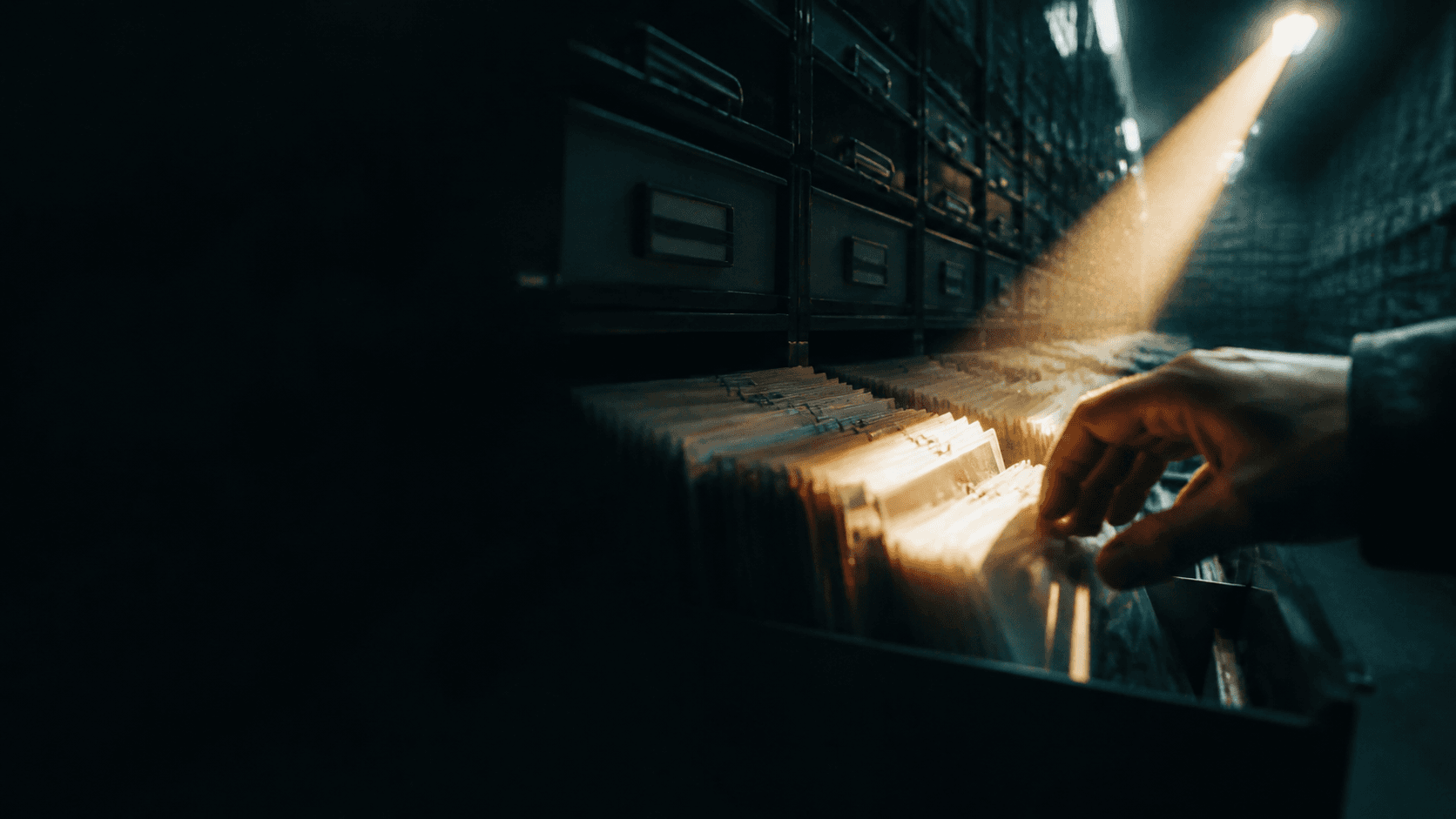 A hand finding an illuminated record inside a dark analog archive