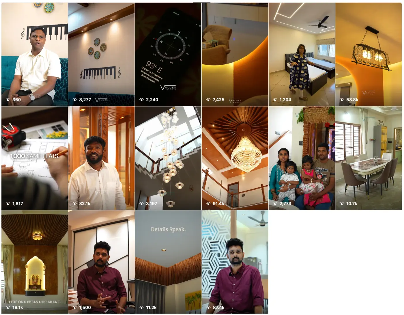 Sixteen Values Interiors reels on Instagram, with their view counts